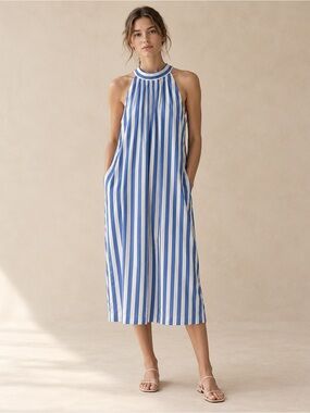 J. Crew Blue and White Striped Halter Midi Tie Neck Halter Dress Size 6